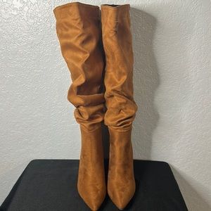 Faux suede slip on slouch boots high heal